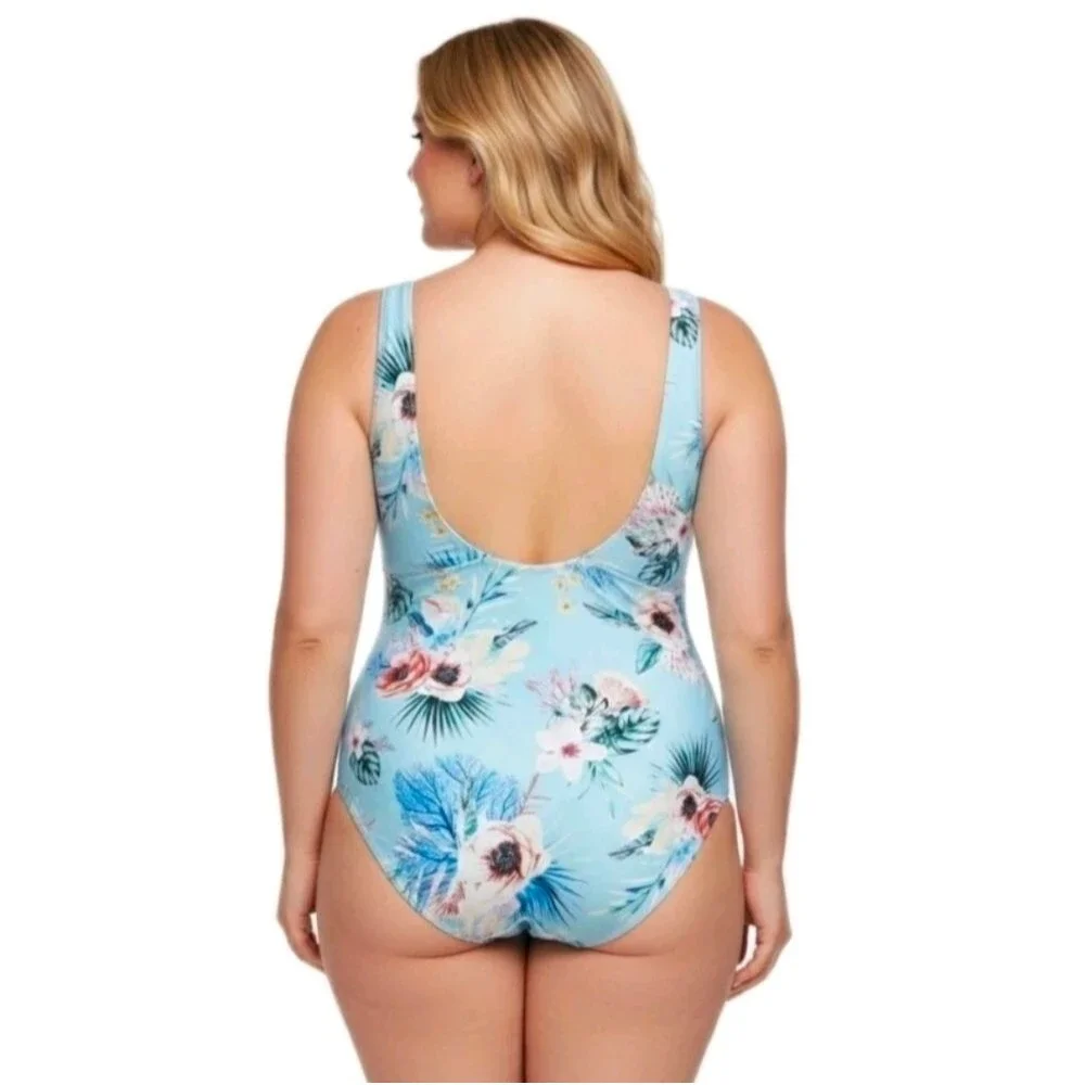 LYSA 2X (22W/24W) Nadia Blue Floral V-neck Swimsuit Open Back Tummy Smoothing